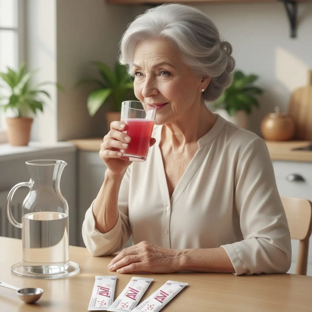 Mujer tomando colágeno hidrolizado camu camu avi en ayunas
