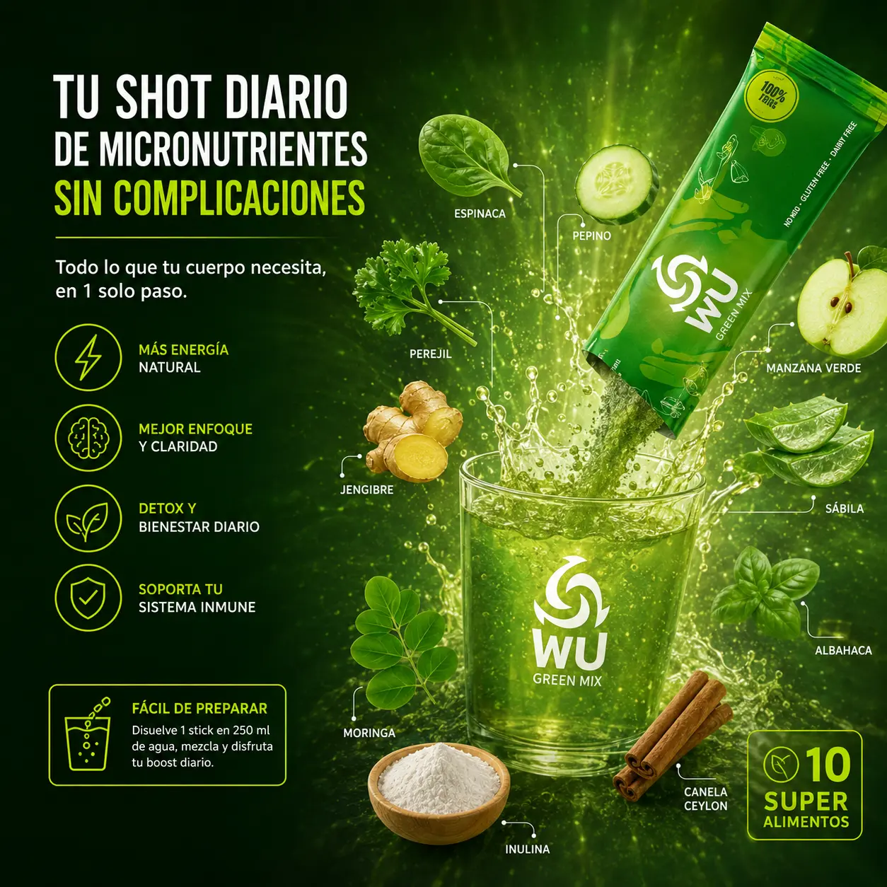 Shot de micronutrientes con WU! Green Mix – suplemento de vitaminas y minerales